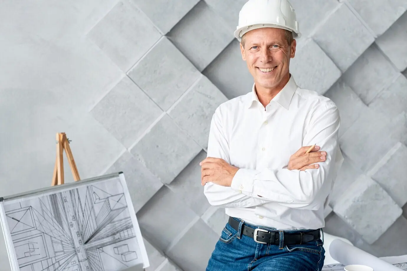 Lächelnder Architekt posiert im Büro.